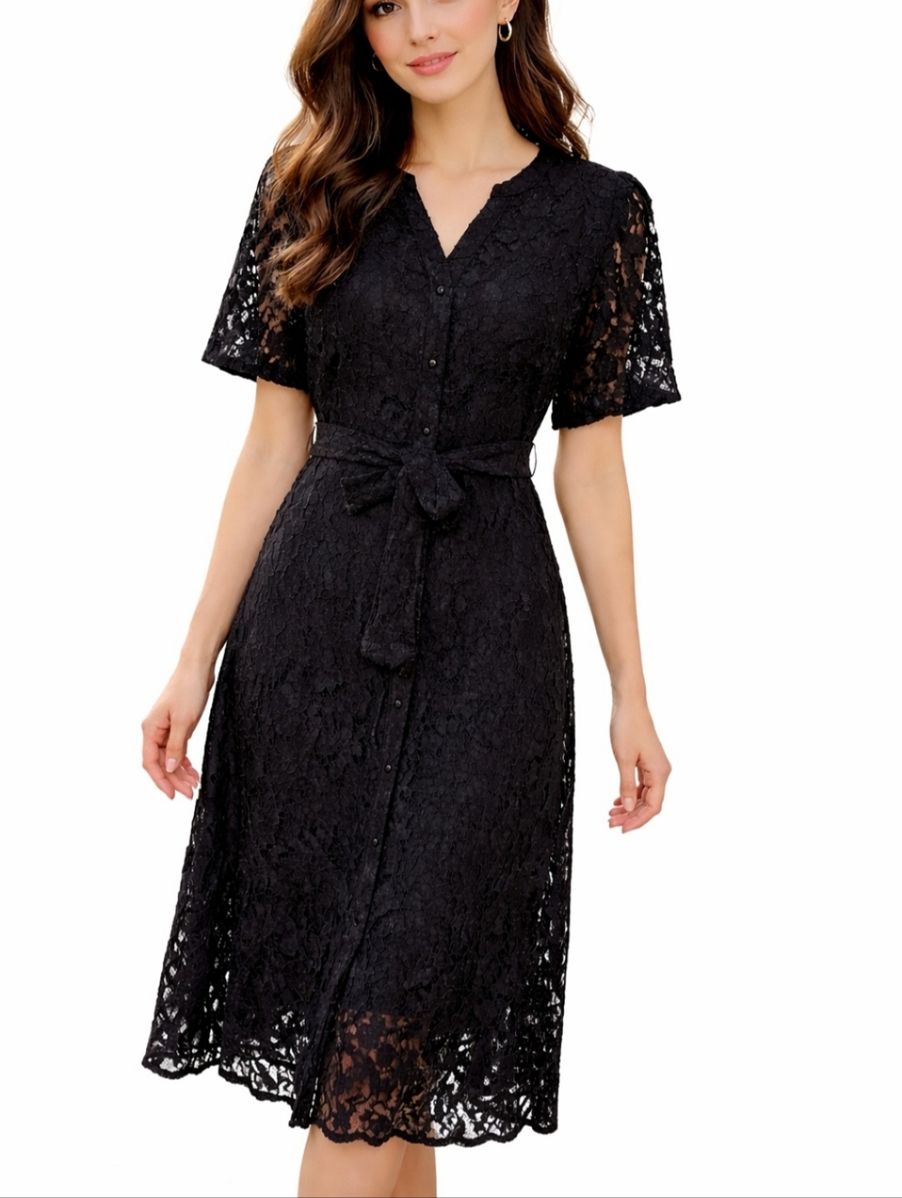 NEW Nanette Lepore Black Lace Dress Size 12 Sheer Overlay Belted Midi Elegant